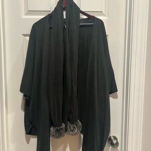 CAbi Black Cape with Faux Fur Pom Poms
